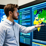 A focused environmental data scientist, fully clothed in modest business casual attire, working in a high-tech control room. Large holographic screens display intricate environmental datasets: real-time air quality maps, climate change graphs, and satellite imagery of forests and water bodies. The scientist is gesturing towards a dynamic visualization, illustrating data analysis and AI/ML insights. Professional dress, safe for work, appropriate content, perfect anatomy, correct proportions, natural pose, well-formed hands, proper finger count, natural body proportions, high-quality professional photography.
