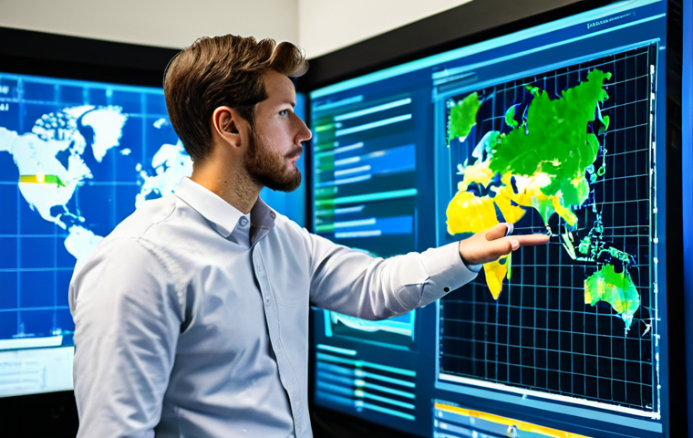 A focused environmental data scientist, fully clothed in modest business casual attire, working in a high-tech control room. Large holographic screens display intricate environmental datasets: real-time air quality maps, climate change graphs, and satellite imagery of forests and water bodies. The scientist is gesturing towards a dynamic visualization, illustrating data analysis and AI/ML insights. Professional dress, safe for work, appropriate content, perfect anatomy, correct proportions, natural pose, well-formed hands, proper finger count, natural body proportions, high-quality professional photography.