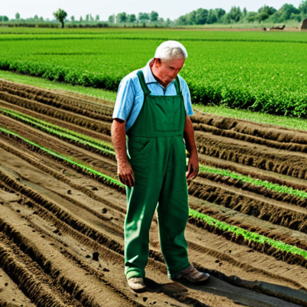 **

A realistic depiction of farmland where one side is lush and green using organic farming methods and the other side is barren and depleted due to excessive use of chemical fertilizers. Show a worried farmer looking at the damaged soil. Fully clothed, appropriate attire, safe for work, professional photography, correct proportions, natural pose, family-friendly.

**