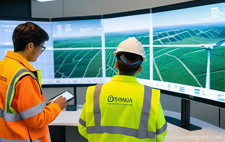 환경공학 기본 개념 - **Prompt:** A diverse team of four environmental engineers (two men, two women, all adults wearing p...