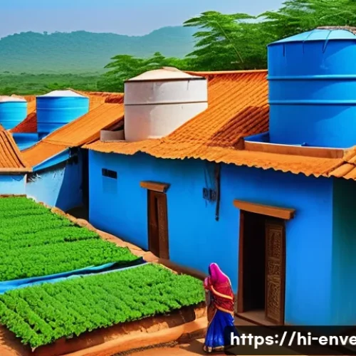 수자원 관리와 보존 - A vibrant Indian village scene showing a rooftop rainwater harvesting system with large blue water s...