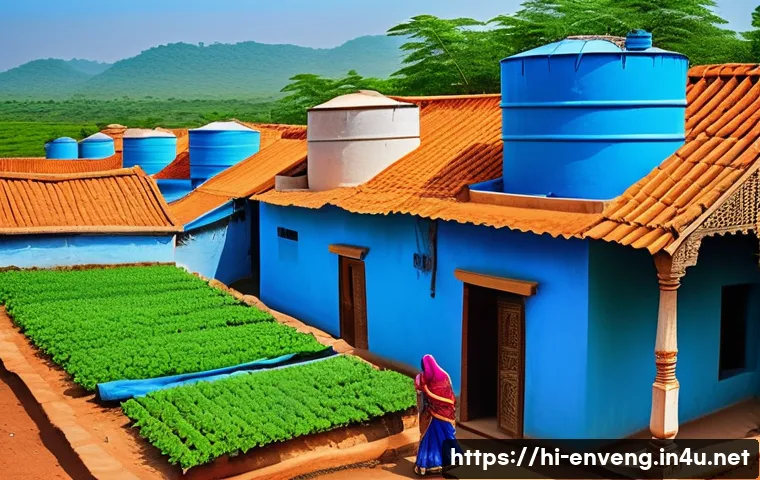 수자원 관리와 보존 - A vibrant Indian village scene showing a rooftop rainwater harvesting system with large blue water s...