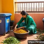 Home 20 자원 회수 기술 - A detailed and vibrant scene of a modern Indian household kitchen corner, showing three separate bin...