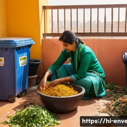 Home 32 자원 회수 기술 - A detailed and vibrant scene of a modern Indian household kitchen corner, showing three separate bin...