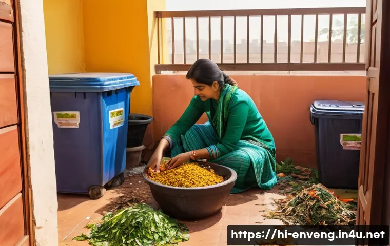 자원 회수 기술 - A detailed and vibrant scene of a modern Indian household kitchen corner, showing three separate bin...