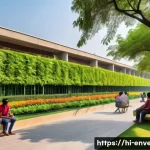 Home 19 지속 가능한 도시 개발 - A vibrant urban green park in a bustling Indian city like Delhi or Pune, showcasing lush trees, flow...