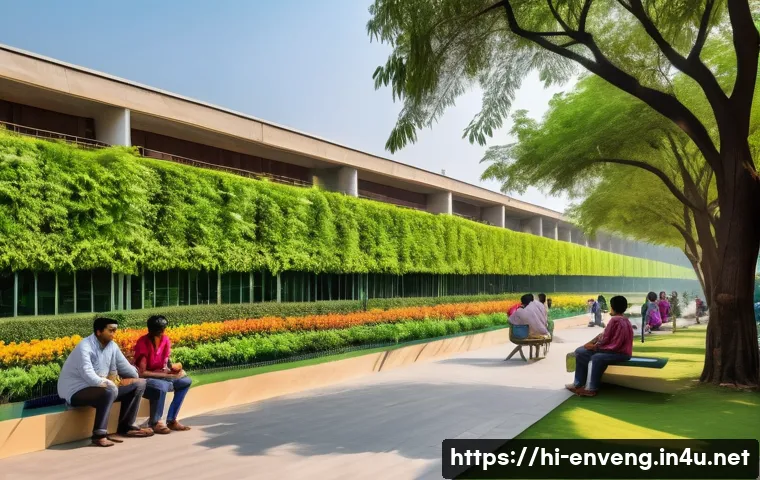 지속 가능한 도시 개발 - A vibrant urban green park in a bustling Indian city like Delhi or Pune, showcasing lush trees, flow...