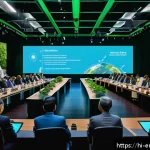 Home 18 환경공학의 국제 협력 - A vibrant and detailed illustration of a multinational climate summit inspired by the Paris Agreemen...