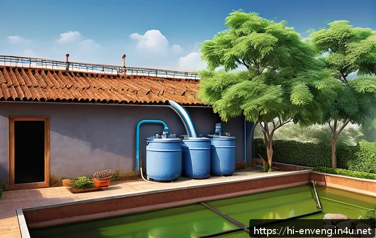 환경 공학 안전 규정 - A detailed illustration of a traditional Indian home rooftop equipped with a modern rainwater harves...